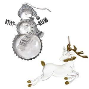 Vintage Avon Acrylic Glass Snowman & Reindeer Christmas Ornament Gold Silver